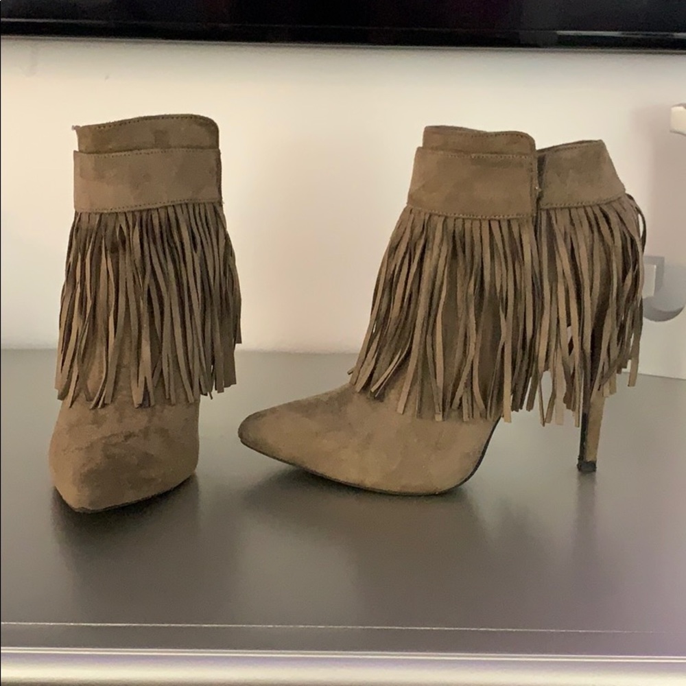 Taupe Gray Wild Diva Fringe Ankle Booties